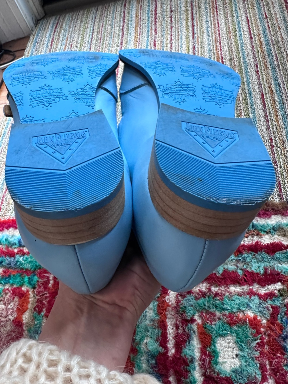 Fluevog EXCELLENT Biblio McPhee baby blue leather triple t-strap buckle shoe -12 - Picture 15 of 16